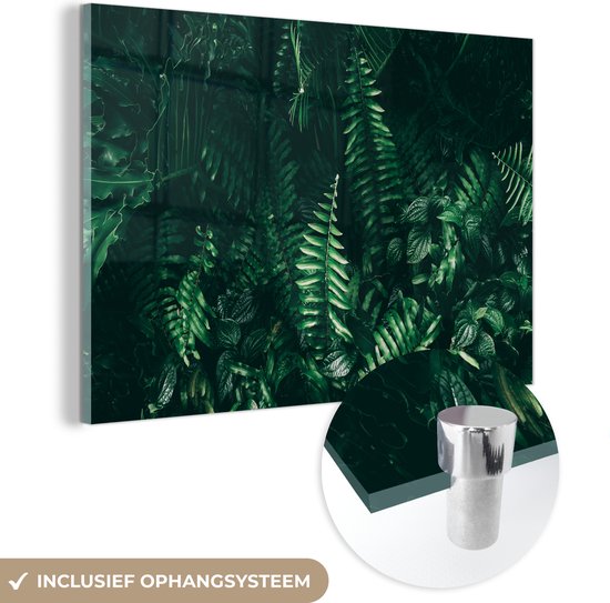 MuchoWow® Glasschilderij 90x60 cm - Schilderij acrylglas - Bladeren - Jungle - Natuur - Tropisch - Planten - Foto op glas - Schilderijen