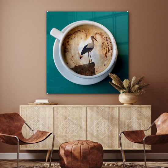 MuchoWow® Peinture sur verre 90x90 cm - Peinture sur verre acrylique - Café - Cigogne - Tasse - Photo sur verre - Peintures
