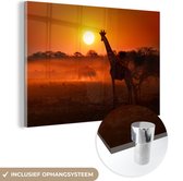 MuchoWow® Glasschilderij 120x80 cm - Schilderij acrylglas - Giraffe - Zon - Savanne - Foto op glas - Schilderijen