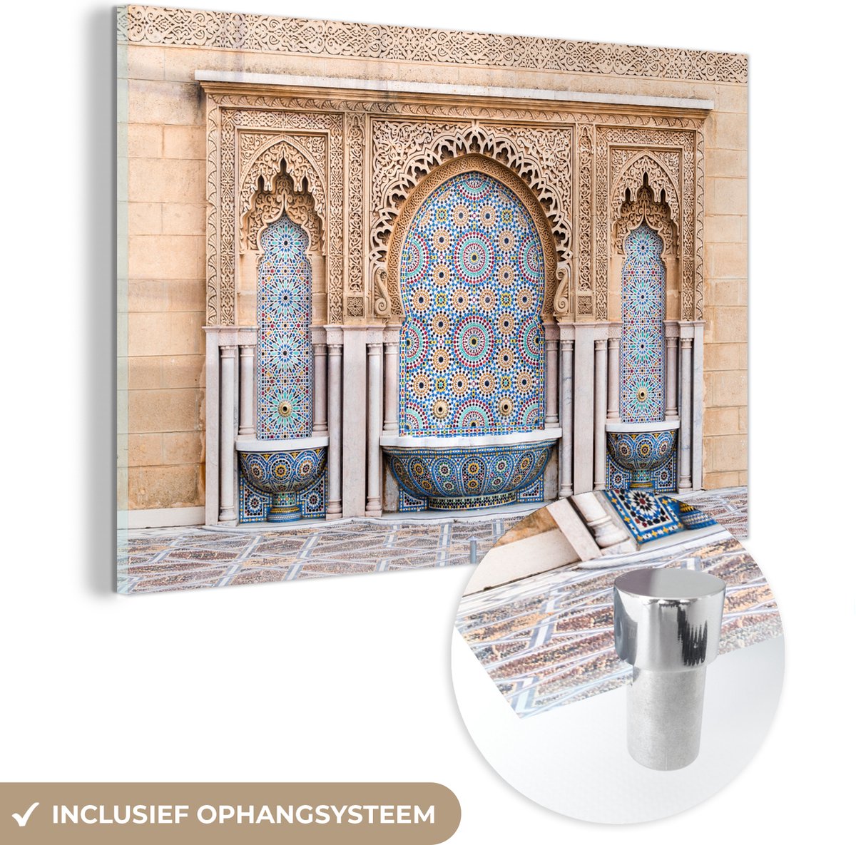 ® Glasschilderij 30x20 cm - Schilderij acrylglas - Fontein in Casablanca - Foto op glas -