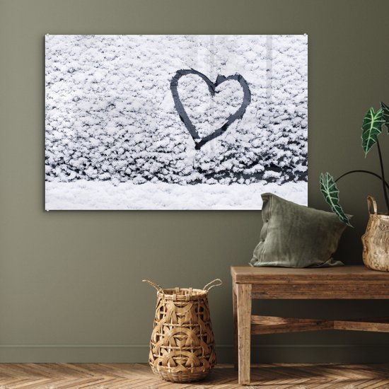 ® Glasschilderij 120x80 cm - Schilderij acrylglas - Hartje in sneeuw - Foto op glas - Muurdecoratie woonkamer - Wanddecoratie slaapkamer - Schilderijen
