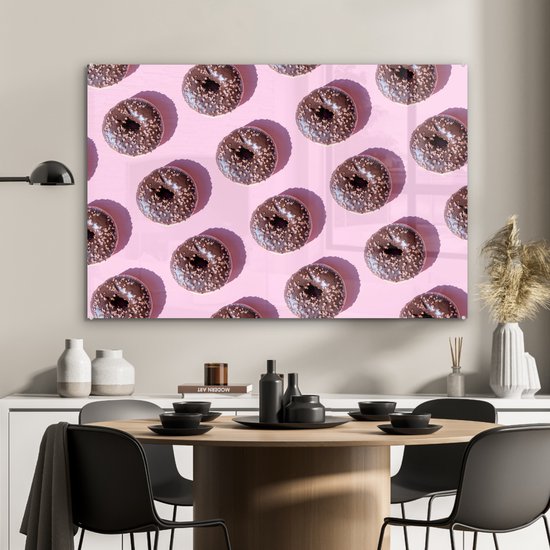 MuchoWow® Peinture sur verre 120x80 cm - Peinture sur verre acrylique - Beignets au chocolat sur fond rose - Photo sur verre - Peintures