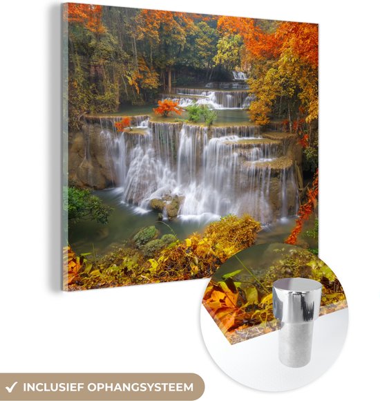 MuchoWow® Glasschilderij 20x20 cm - Schilderij acrylglas - Bomen - Waterval - Herfst - Foto op glas - Schilderijen