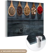 MuchoWow® Glasschilderij 40x30 cm - Schilderij acrylglas - Kruiden - Lepels - Hout - Keuken - Specerijen - Industrieel - Foto op glas - Schilderijen