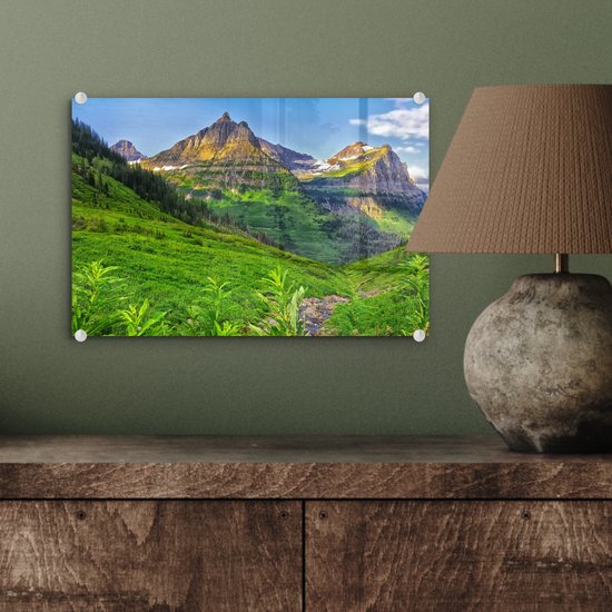 MuchoWow® Peinture sur verre 30x20 cm - Peinture sur verre acrylique - Montagnes de couleur verte dans le parc national américain des Glaciers - Photo sur verre - Peintures