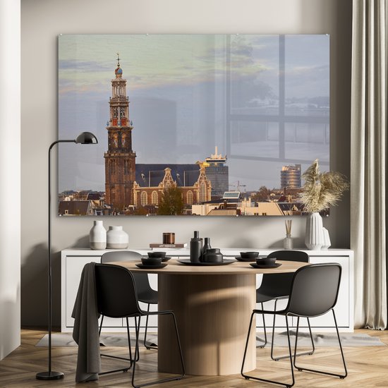 MuchoWow® Peinture sur verre - Skyline d' Amsterdam avec la Westerkerk - 150x100 cm - Peintures sur verre acrylique - Photo sur Glas