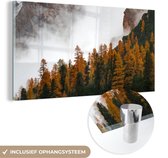 MuchoWow® Glasschilderij 40x20 cm - Schilderij acrylglas - Berg - Mist - Bos - Foto op glas - Schilderijen