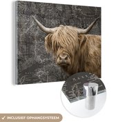 MuchoWow® Glasschilderij 120x90 cm - Schilderij acrylglas - Schotse hooglander - Wereldkaart - Dieren - Foto op glas - Schilderijen