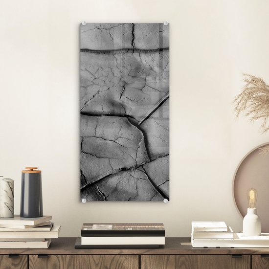Glasschilderij - Zwart - Wit - Klei - Steen - 20x40 cm - Schilderij glas - Kamerdecoratie