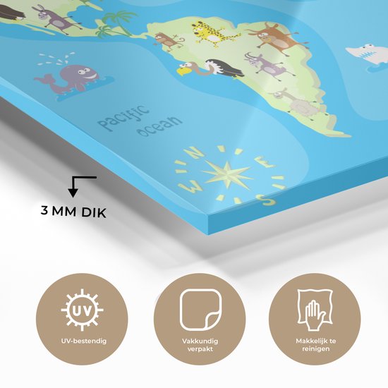 MuchoWow® Peinture sur verre 60x40 cm - Peinture sur verre acrylique - Wereldkaart - Enfant - Animaux - Blauw - Garçons - Filles - Photo sur verre - Peintures