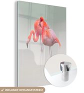 MuchoWow® Glasschilderij 60x80 cm - Schilderij acrylglas - Twee staande flamingo's - Foto op glas - Schilderijen