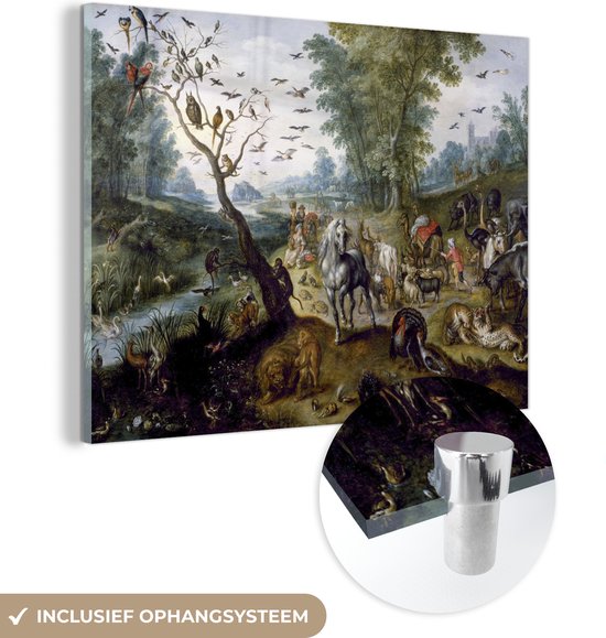 MuchoWow® Glasschilderij 160x120 cm - Schilderij acrylglas - De ark van Noach - schilderij van Jan van Kessel - Foto op glas - Schilderijen