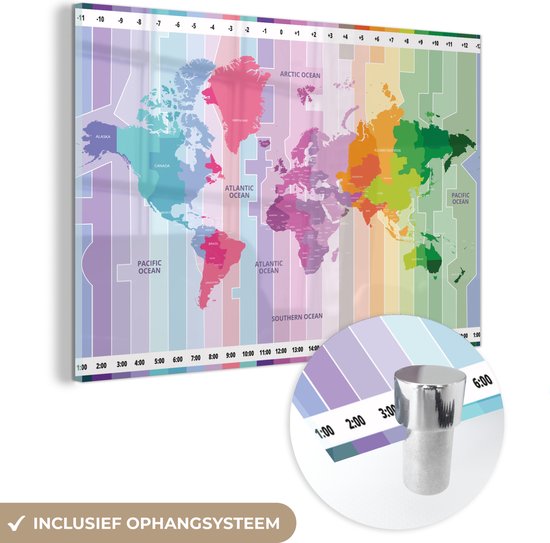 Carte du monde colorée avec les fuseaux horaires indiqués Plexiglas 90x60 cm - Tirage photo sur Glas (décoration murale en plexiglas)