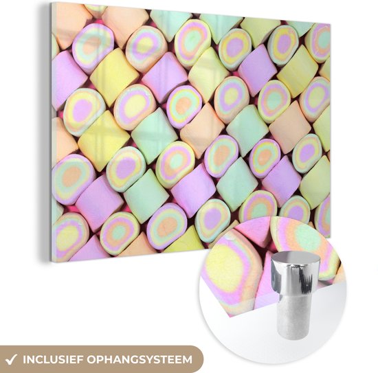 MuchoWow® Glasschilderij 30x20 cm - Schilderij acrylglas - Marshmallow snoep - Foto op glas - Schilderijen