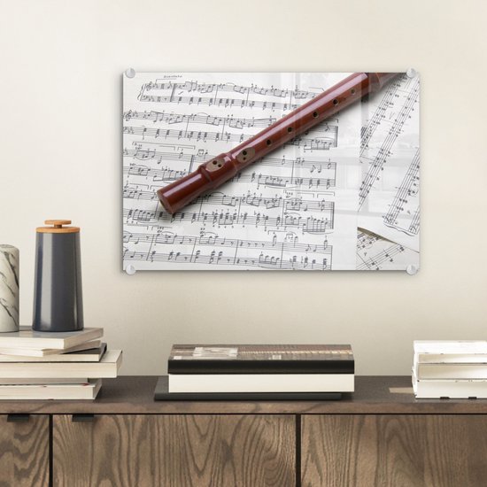 MuchoWow® Peinture sur verre 30x20 cm - Peinture sur verre acrylique - Partitions de musique pour flûte à bec - Photo sur verre - Peintures