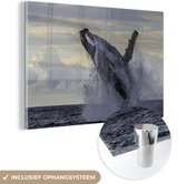 MuchoWow® Glasschilderij 30x20 cm - Schilderij acrylglas - Een bultrugwalvis springt uit de zee bij Zuid-Afrika - Foto op glas - Schilderijen