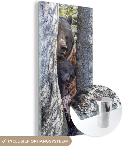 MuchoWow® Glasschilderij 20x40 cm - Schilderij acrylglas - Moeder beer en haar jong staan bij een boom - Foto op glas - Schilderijen