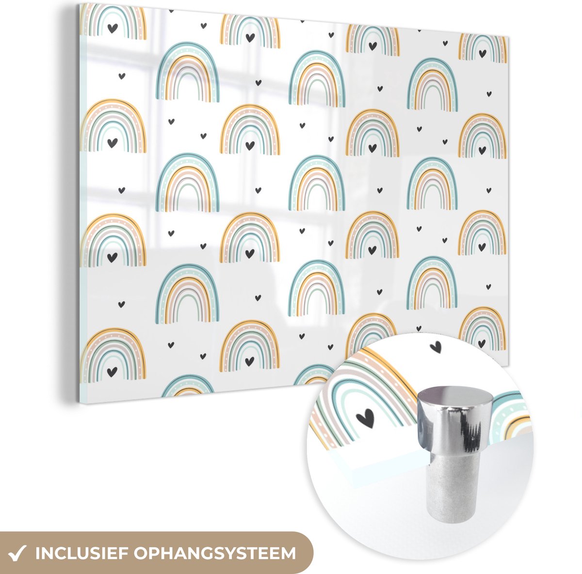 ® Glasschilderij 30x20 cm - Schilderij acrylglas - Kinderillustratie met een patroon van regenbogen en harten op een witte achtergrond - Kids - Kind - Baby - Foto op glas - Muurdecoratie woonkamer - Wanddecoratie slaapkamer - Schilderijen