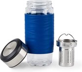 Theemok van dubbelwandig glas, 0,4 liter, uitneembare zeef, BPA-vrij, 100% lekvrij, vaatwasmachinebestendig, 360 graden drinkopening, blauw