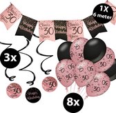 Verjaardag Versiering Pakket 30 jaar Roze en Zwart - Ballonnen Zwart & Roze (8 stuks) - Vlaggenlijn Rosé en Zwart 6 meter (1 stuks) - Vlaggenlijn gekleurd 30 jarige - Vlaggetjes Slinger Verjaardag 30 Birthday - Birthday Party Decoratie (30 Jaar)