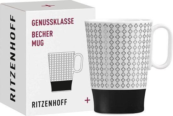 Koffiemok 330 ml - Serie Genussklasse nr. 6 - porseleinen beker met plus-motief - designstuk, zwart, wit