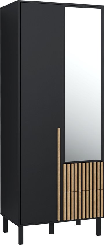 Pro-meubels - Kledingkast Alvin 2 - Zwart mat - Eiken - 81cm - met spiegel - Garderobekast - Kast - Slaapkamer - Opbergkast