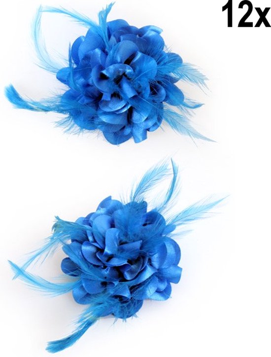 12x Bloem op speld met veertjes turquoise - Themafeest party broche huwelijk