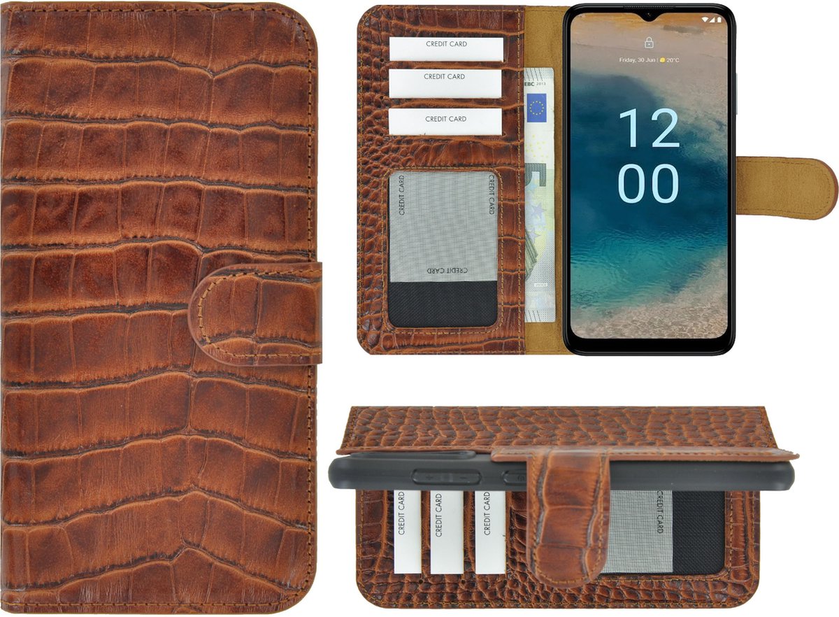 MoDo hoesje Geschikt voor Nokia G22 - Echt Leer Book Case - Croco Kaneelbruin