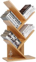 Boekenkast met 4 niveaus, ruimteverdeler, staand rek voor presentatie, boomvorm, ruimteverdeler, staand rek, kantoorrek, staand rek, cd-rek van hout, voor woonkamer, 64,5 x 37 x 16 cm, bamboe