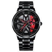 WielWatch - Horloge M - Sportauto - Horloges met stalen band- Herenmode - Velghorloge - Cadeau mannen - Autovelg - Draaiend - Autoliefhebber - horloge jongens