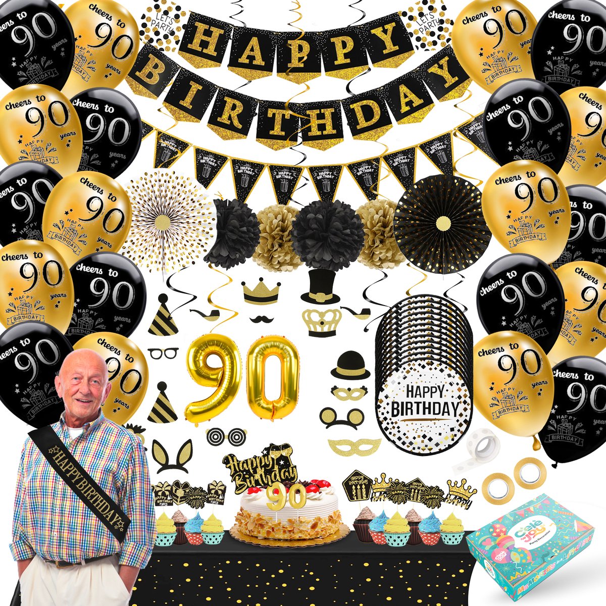 90 Jaar Verjaardag Versiering Zwart Goud - 92-Delig Feestpakket Man Vrouw - Ballonnen Slingers Taarttopper Cijferballon - Verjaardag Decoratie Set - Celejoy