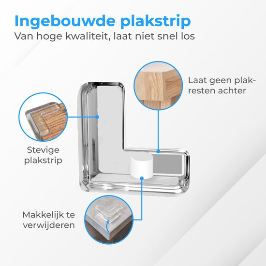 Transparante hoekbeschermer met ingebouwde plakstrip en houten detail.