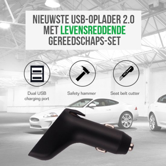Allernieuwste 3-in-1 Autolader 2 USB Poorten - Veiligheids Gereedschap Auto - Veiligheidshamer Gordelsnijder Ruitenbreker - 12V-24V 2.4Ax2