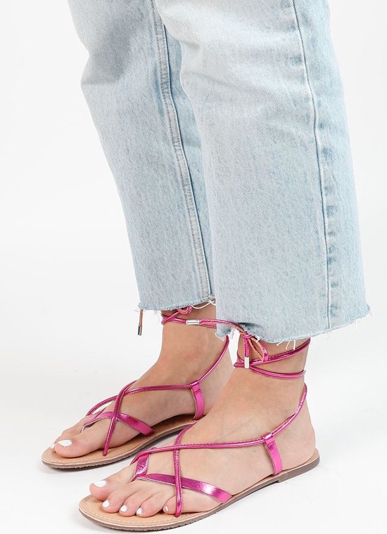 Sacha - Dames - Roze metallic leren sandalen - Maat 40