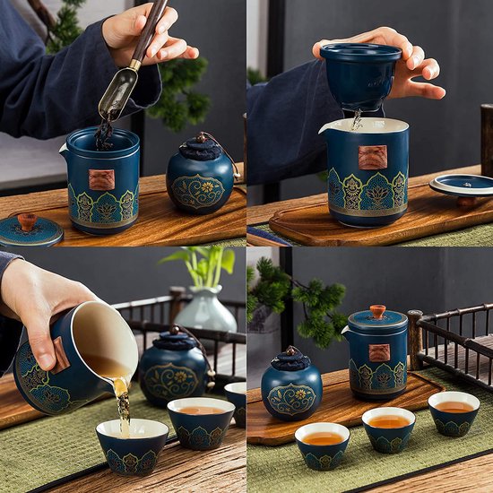 Service à thé de voyage portable avec étui, mini théière en porcelaine, 3  tasses à thé