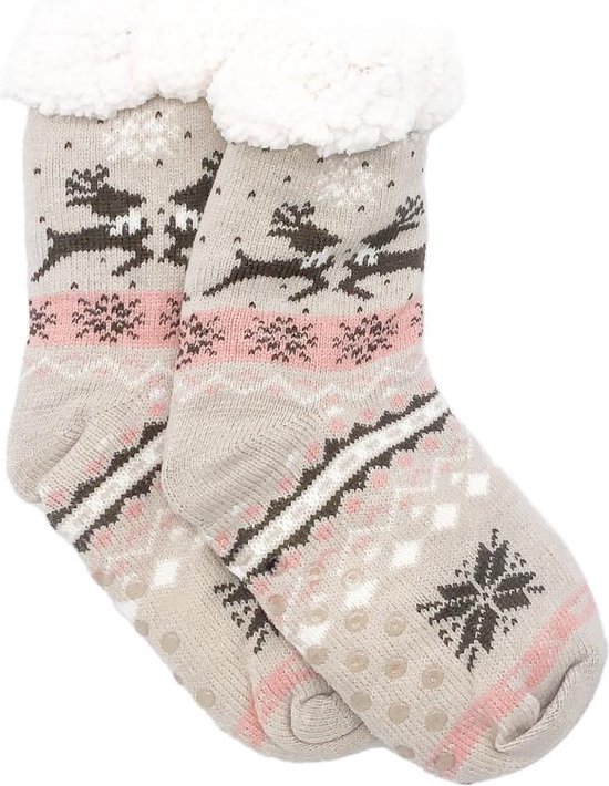 Merino Wollen sokken - Creme met Hartjes - maat 39/42 - Huissokken - Antislip sokken - Warme sokken – Winter sokken