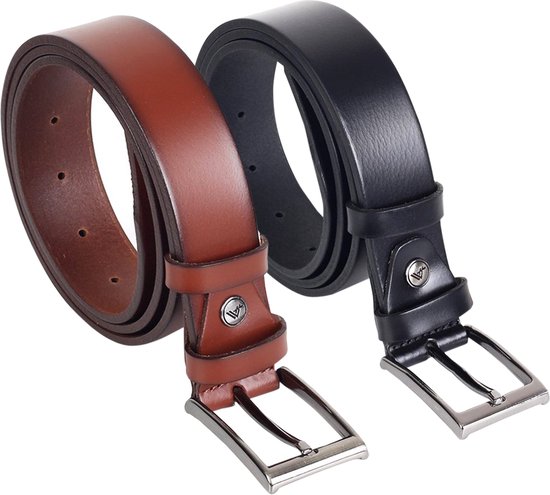 AKA deri-Riemen heren 2 pack ( Zwart  en Cognac ) - Sportief - Echt Leer-Taille: 115 cm - Totale lengte riem: 130 cm-cadeau voor man-Breedte 4 cm