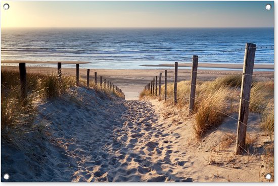 Tuinposter strand en duinen - Tuindecoratie zee - 90x60 cm - Tuinschilderij voor buiten natuur - Tuindoek zomer - Wanddecoratie - Schuttingdoek - Balkon decoratie - Muurdecoratie - Buitenschilderijen voor in de tuin