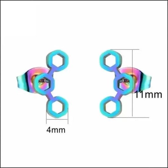 Aramat jewels ® - Regenboog zweerknopjes 3 zeshoeken oorbellen chirurgisch staal 11x4mm