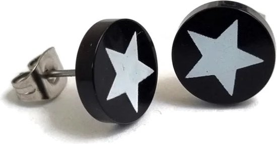 Aramat jewels ® - Ronde oorstekers nautische ster zwart acryl staal 10mm