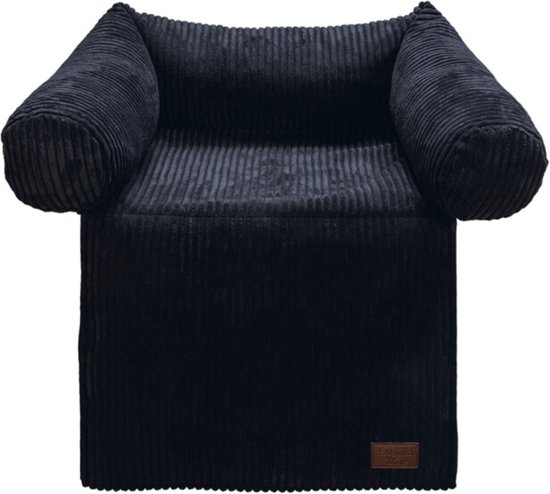 Antracietkleurig hondenkussen in ribstof met oprolbare zijsteunen en een bruin 'Designed by Lotte' label.