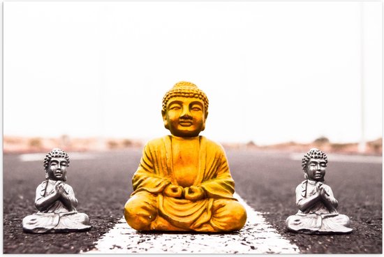 Poster (Mat) - Gouden en Zilveren Miniatuur Buddha_s op Asfalt weg - 60x40 cm Foto op Posterpapier met een Matte look