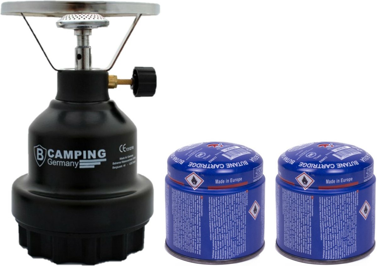Camping kookstel - metaal - zwart - incl. 2x gas navulling priktank - 190 gram