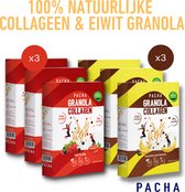 PACHA - Collageen & Protein Granola - 100% Natuurlijke en Zuivere Ingrediënten - Chocolade & Banaan 300 g x 3 + Gedroogde Bevroren Rode Vruchten 300 g x 3