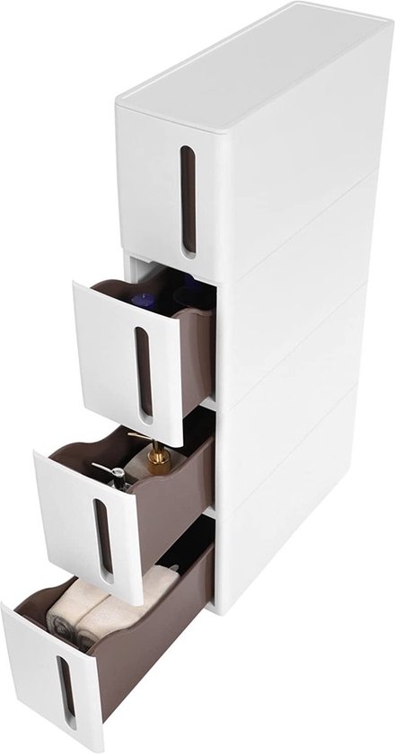 Armoire de rangement étroite avec 2 paniers et 2 compartiments ouverts - Plastique - Blanc
