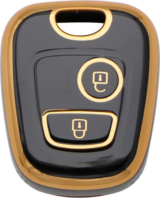 Zwarte sleutelhoes met gouden rand en knoppen voor een auto.