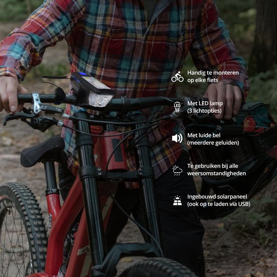 FlinQ Solar Fietsverlichting - Oplaadbare USB Led Fietslamp - Inclusief bel - Waterdicht - 3 Lichtstanden - Zwart/Blauw — afbeelding 2