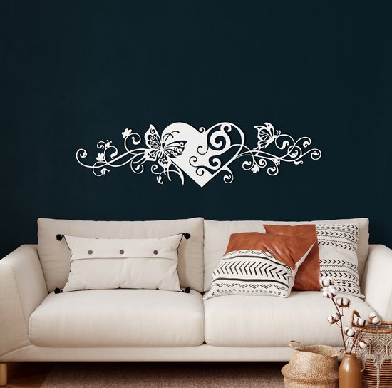 Wanddecoratie |Hart en Vlinder / Heart and Butterfly | Metal - Wall Art | Muurdecoratie | Woonkamer | Buiten Decor |Wit| 100x27cm