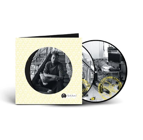 Albumhoes met een gele, geometrische print en een zwart-witfoto van een man met dreadlocks op een trap. De bijbehorende CD heeft een afbeelding van een studio-opstelling.