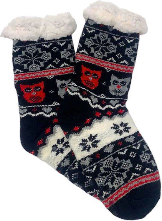 Merino Wollen Sokken - Zwart met Uiltjes - Maat 35/38 - Huissokken - Anti slip sokken - Warme sokken - Winter sokken